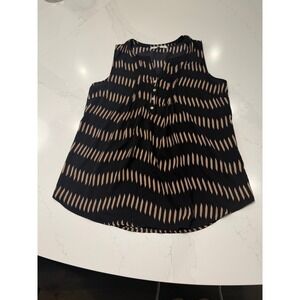 Daniel Rainn Womens Medium Black Tan Geometric Print 100% Silk Pintuck Blouse